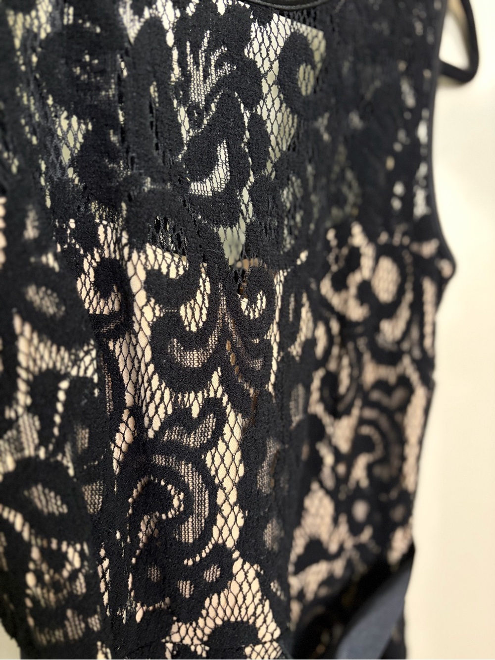 Betsy & Adam Black Lace Maxi Dress with Nude Lining and Ribbon Sash #1295 - Picture 5 of 12